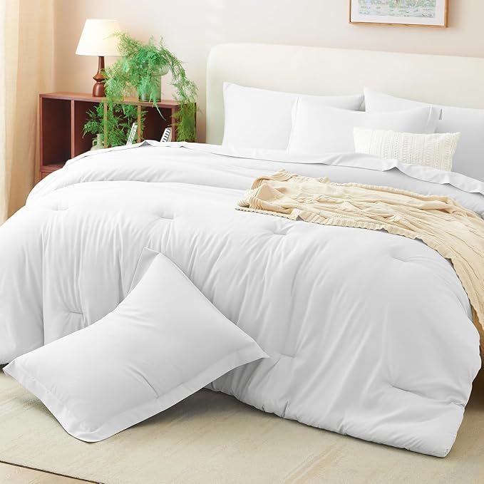 CozyLux Queen Comforter Set White, 7 Pieces Bed in a Bag Soft Bedding Comforter Set with Sheets, All Season Boho 7PC Bed Sets with Comforter, Fitted Sheets, Flat Sheets, Pillow Shams and Pillowcases