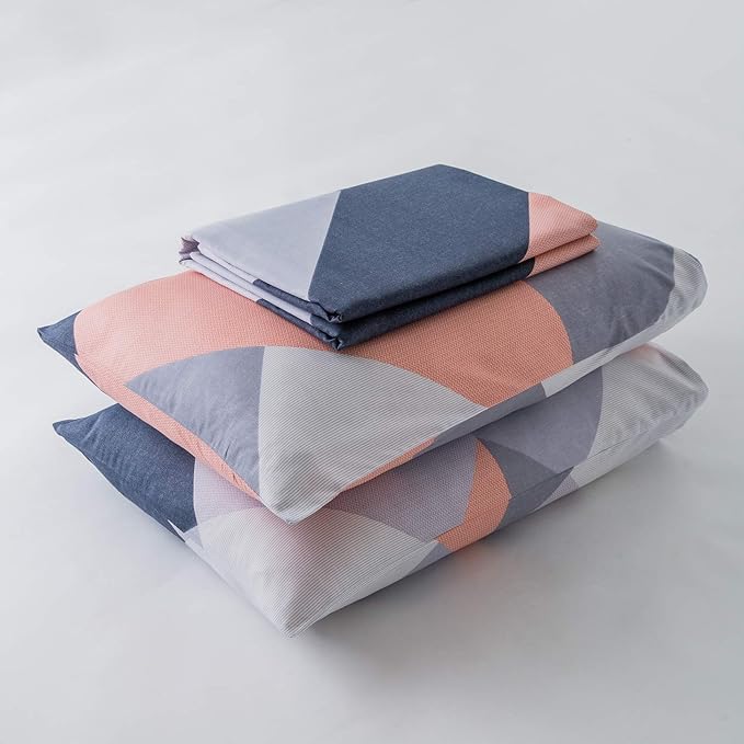 YuHeGuoJi Pink Blue Duvet Cover Queen 100% Cotton 3 Pcs Set 1 Modern Navy Geometric Duvet Cover with Zipper Ties 2 Pillowcases Farmhouse Grey Peach Chevron Striped Bedding Set Soft