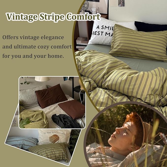 mixinni Vintage Stripes Duvet Cover Set Twin XL - 3-Piece Mid-Century Cotton Olive & Taupe Striped Bedding, Soft Breathable All-Season Comforter Cover with Zipper Closure & Corner Ties-Twin XL Size
