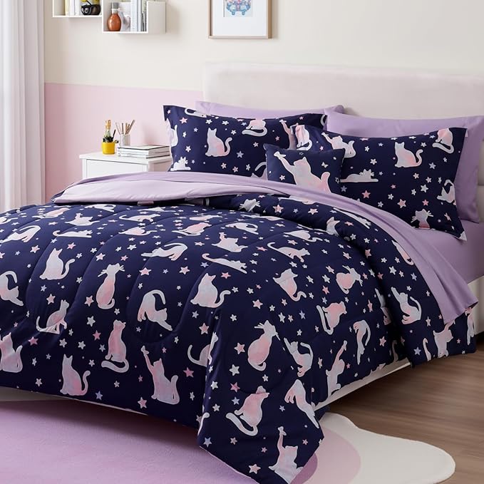Full Comforter Set for Girls Kids - 7 Pieces Cute Cat Full Size Bedding Sets for Kids, Soft Cozy Bed in A Bag with Sheets