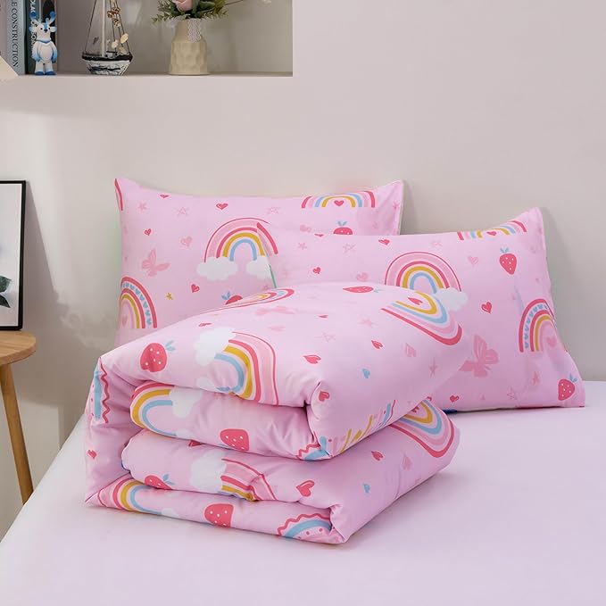 Btargot Lightweight Soft 3 Piece Rainbow Comforter Set with 2 Pillow Covers, Cartoon Butterfly Leaves Flowers Bedding Set for Girls Boys Kids, Twin Pink