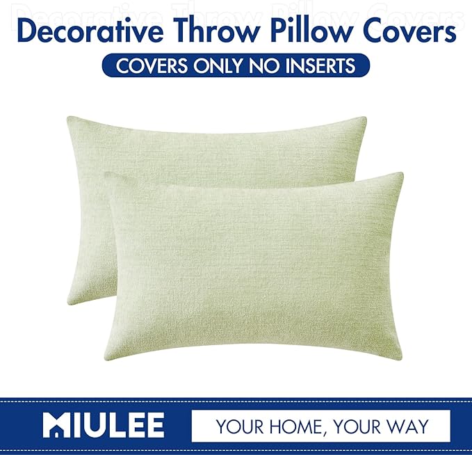 MIULEE Pack of 2 Spring Light Green Couch Throw Pillow Covers 12x20 Inch Soft Chenille Lumbar Pillow Covers for Sofa Living Room Solid Dyed Cases