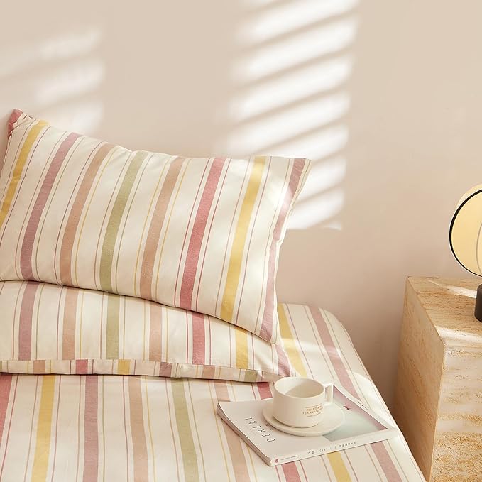 mixinni Vintage Striped Duvet Cover Set Twin, 3-Piece Washed Cotton Bedding Set - Soft, Breathable & Colorful Marble Stripe Pattern, All-Season Comforter Cover with Zipper-Twin Size