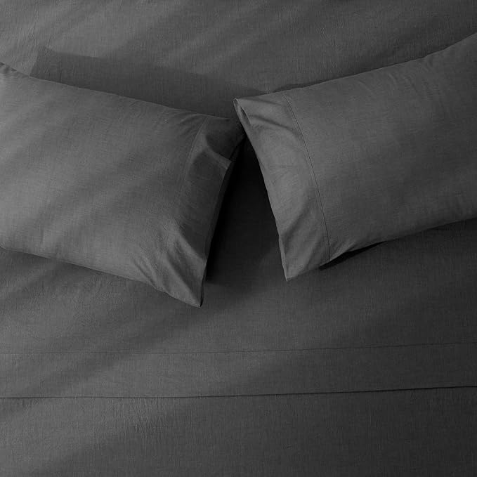 JIYUAN 100% Washed Cotton Sheet Set 3 Pieces Twin,1 Fitted Sheet,1 Flat Sheet and 1 Pillowcase, Comfy and Breathable Linen Like Bedding Set,Heathered Dark Grey