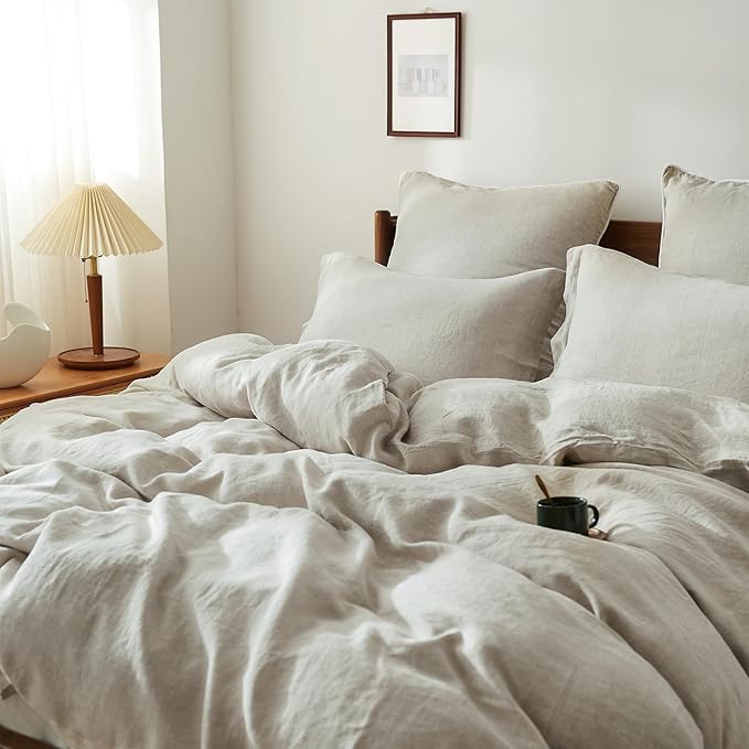 Simple&Opulence 100% Linen Duvet Cover Set, 3 PCS Natural French Flax Linen Duvet Cover Full Size, Breathable Soft Comfy Linen Bedding Comforter Cover with 2 Pillowcases