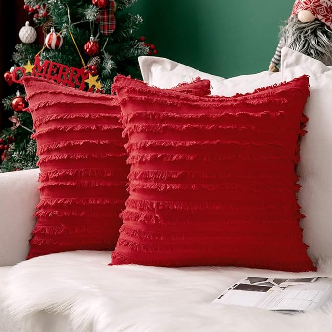 MIULEE Set of 2 Decorative Boho Throw Pillow Covers Linen Striped Jacquard Pattern Cushion Covers for Sofa Couch Living Room Bedroom 18x18 Inch Red