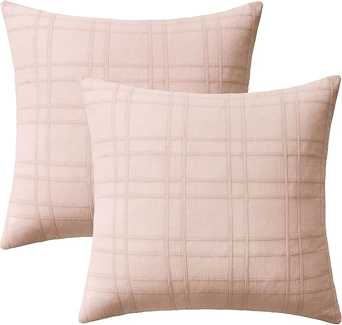 MIULEE Decorative Linen Check Euro Shams Throw Pillow Covers Neutral Farmhouse Vintage Spring Valentine Pillow Covers 22x22 Set of 2 Boho Modern Home Decor for Sofa Couch Bedroom Cushion Light Pink