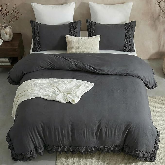 Dark Grey Ruffled Duvet Cover King Boho Bedding Set Gary Ruffle Fringe Shabby Chic Bedding Super Soft Cozy Farmhouse Duvet Cover Set for All Season