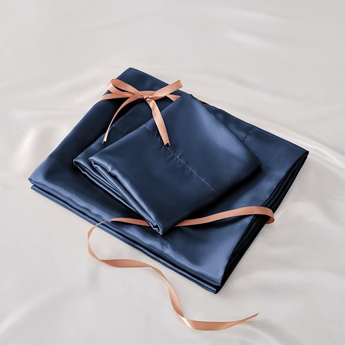 BEDELITE Satin Sheets Queen Size Bed Set, Luxury Soft Navy Silky Sheets for Hair and Skin, Similar to Silk Bed Sheets Set 4 Pieces (1 Deep Pocket Fitted Sheet, 1 Flat Sheet, and 2 Pillowcases)