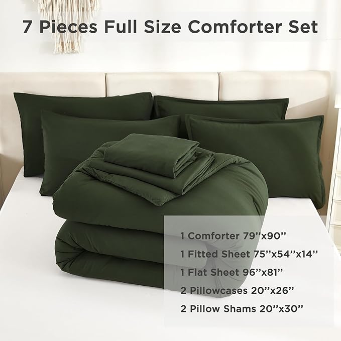 Litanika Dark Olive Green King Size Comforter Set - 7 Pieces Bed in a Bag King Bedding Comforter Sets, Plain Lightweight Bed Set with Comforter, Sheets, Pillowcases & Shams