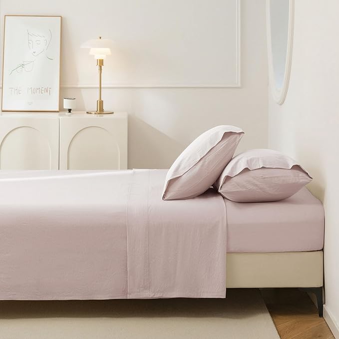 JIYUAN 100% Washed Cotton Sheet Set 3 Pieces Twin,1 Fitted Sheet,1 Flat Sheet and 1 Pillowcase, Comfy and Breathable Linen Like Bedding Set,Heathered Greyish Pink
