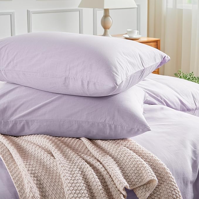 NEXHOME PRO Twin Duvet Cover Set, 100% Washed Cotton with Linen-Like Texture, Natural Organic, Breathable & Comfortable, Includes Home Bedding Set Lilac (No Comforter) 6890