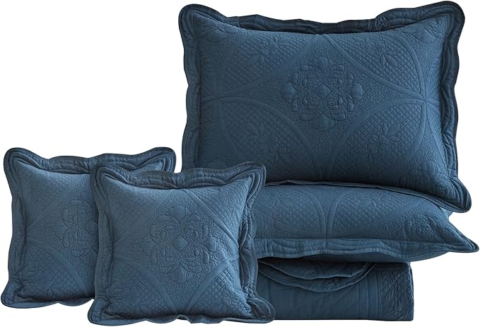 Bedspread - Full Size Bedding Cover - Modern & Contemporary Coverlet Set, Real Stitching, Reversible, Lightweight, 5 Piece, Navy