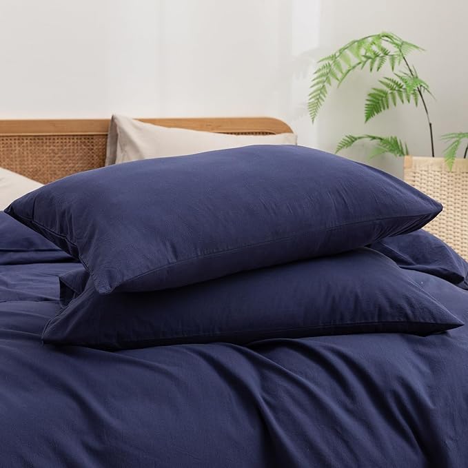 BESTOUCH Duvet Cover Set 100% Washed Cotton Linen Feel Super Soft Comfortable Chic Lightweight 3 PCs Home Bedding Set Solid Navy Blue Full/Double