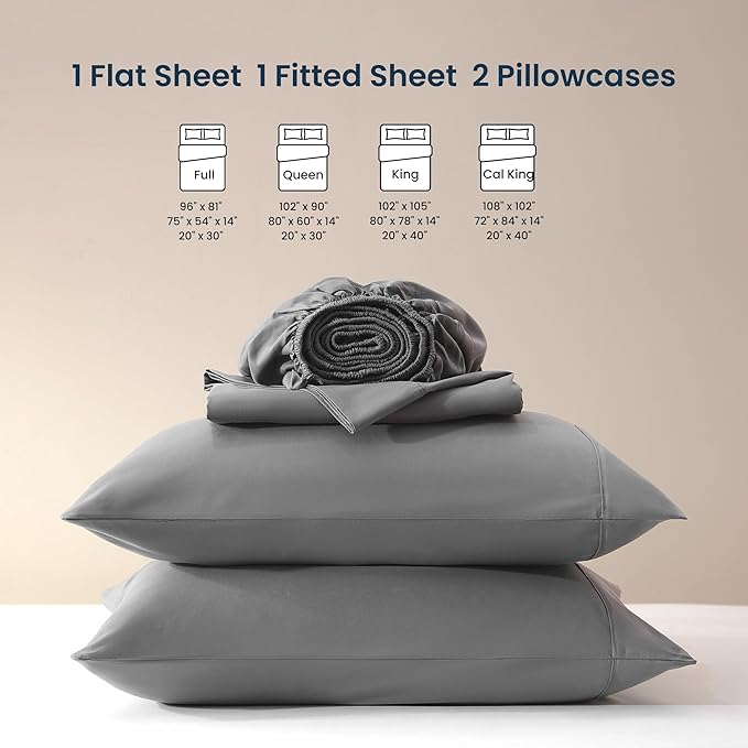 SLEEP ZONE Nanotex Super Soft Cooling King Bed Sheets Set 4 Piece - Easy Care Fitted Flat Sheet & Pillowcase Sets - Wrinkle Free, Fade Resistant, Deep Pocket 16" (Gull Gray, King)