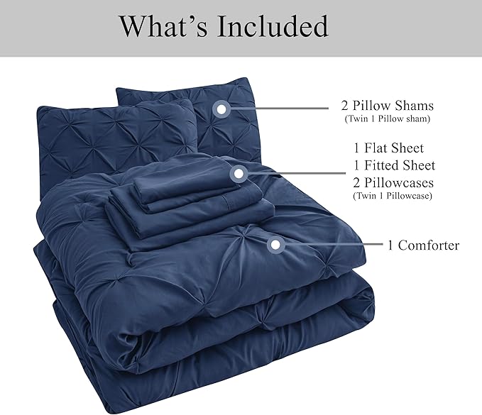 LANE LINEN Twin Comforter - 5 Piece Set - Pintuck Stitch Design Bedding - Include 1 Comforter, 1 Flat Sheet, 1 Fitted Sheet, 1 Pillowcase & 1 Sham - Soft, Warm & Cozy Bedding Collection – Navy Blue | Soft & cozy, Light microfiber, Textured pintuck, Eas...