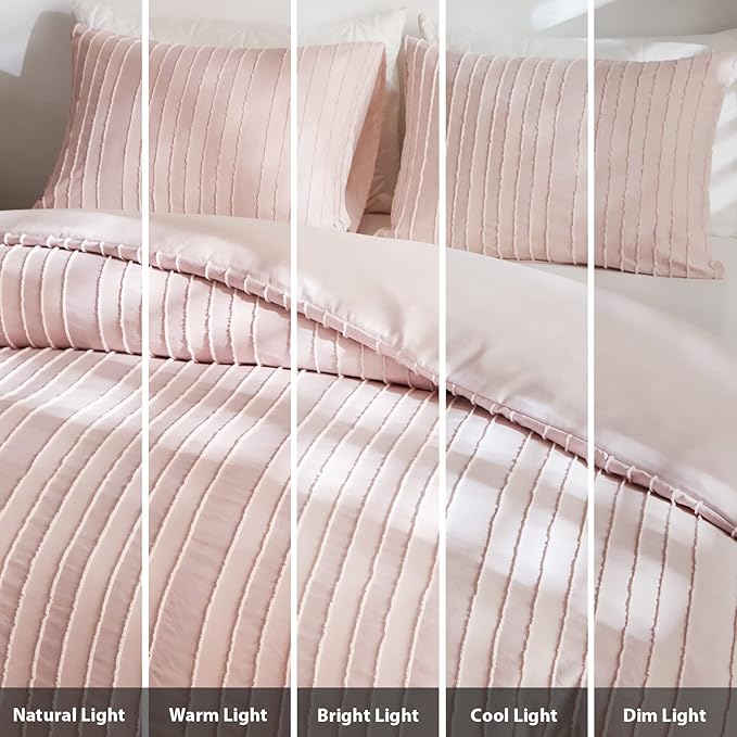 WARMDERN Pink Striped Duvet Cover Set, Boho Textured Tufted Bedding, 2 Piece Twin Size Washed Microfiber Duvet Cover with Zipper Closure & Corner Ties (Twin, Pink)