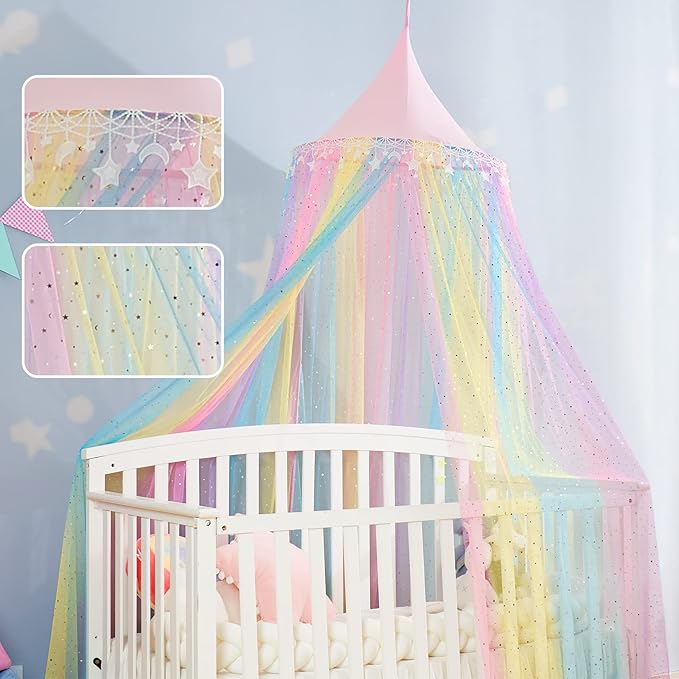 Rainbow Bed Canopy for Girls,Shiny Kids Princess Round Dome Bed Curtain with Star Moon Glitter,Kids Crib Canopy Play Tent Canopy Dreamy Bed Netting
