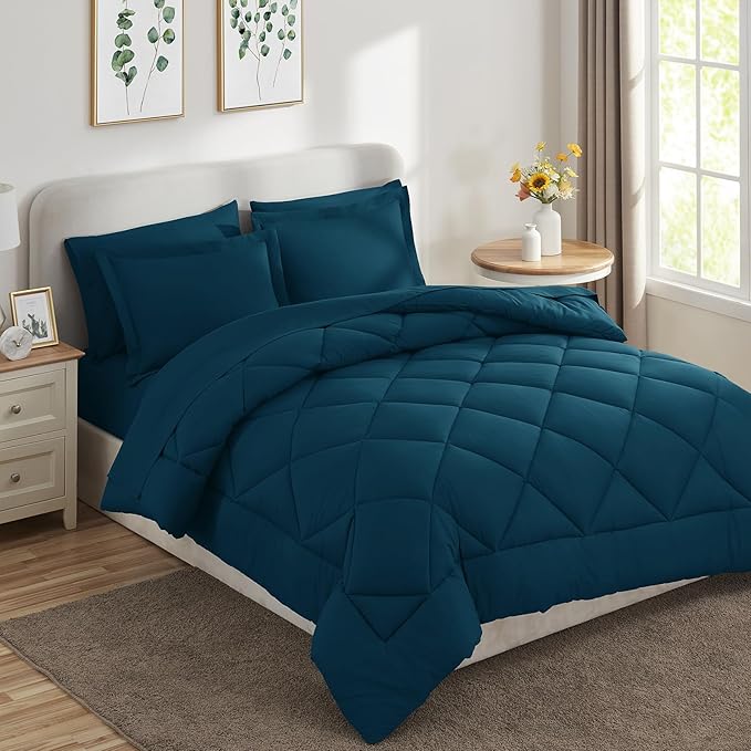 CozyLux Queen Comforter Set Lyons Blue - Bed in a Bag Queen Size 7 Pieces, Luxury Soft Bed Set for All Seasons, Bedding Set with Down Alternative Comforter, Sheets, Pillowcases & Shams