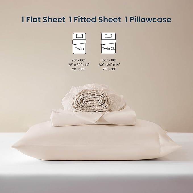 SLEEP ZONE Nanotex Super Soft Cooling Twin Bed Sheets Set for Kids 3 Piece - Easy Care Fitted Flat Sheet & Pillowcase Sets - Wrinkle Free, Fade Resistant, Deep Pocket 16" (Beige, Twin)