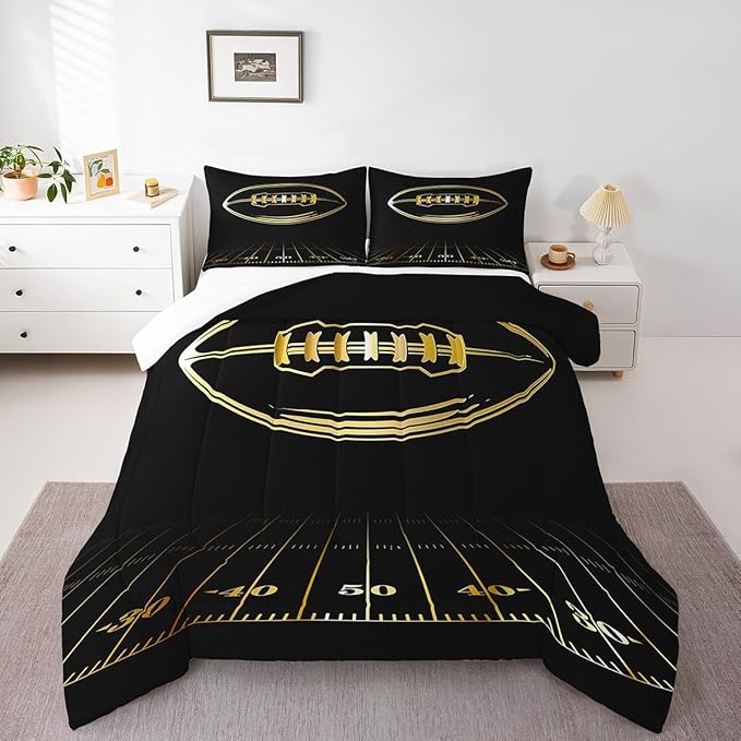 Feelyou Football Bedding Set Queen Kids Rugby Sports Comforter Set American Football Comforter Set for Boys Golden Black Room Decor Lightweight Quilt Set with 2 Pillow Case
