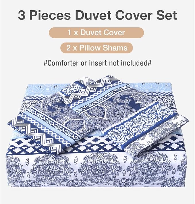 Lekesky Boho King Size Duvet Cover Set, Boho Blue Retro Comforter Cover King Floral Striped Printed, Luxury Soft Microfiber Bedding Set with Zipper Ties