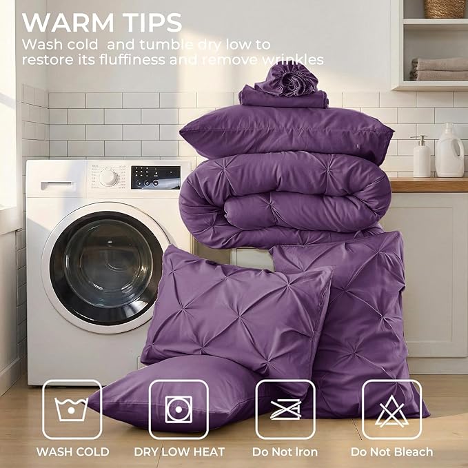 Sasttie King Size Comforter Set, 7-Piece Bed in a Bag, Pintuck Bedding Set for All Season, Includes Comforter, Flat Sheet, Fitted Sheet, Pillowcases and Pillowshams, Grape Purple