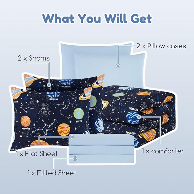 Full Size Comforter Set for Boys-7 Pieces Space Glow in The Dark Full Bedding Sets for Kids, Ultra Soft Bed in A Bag with Sheets