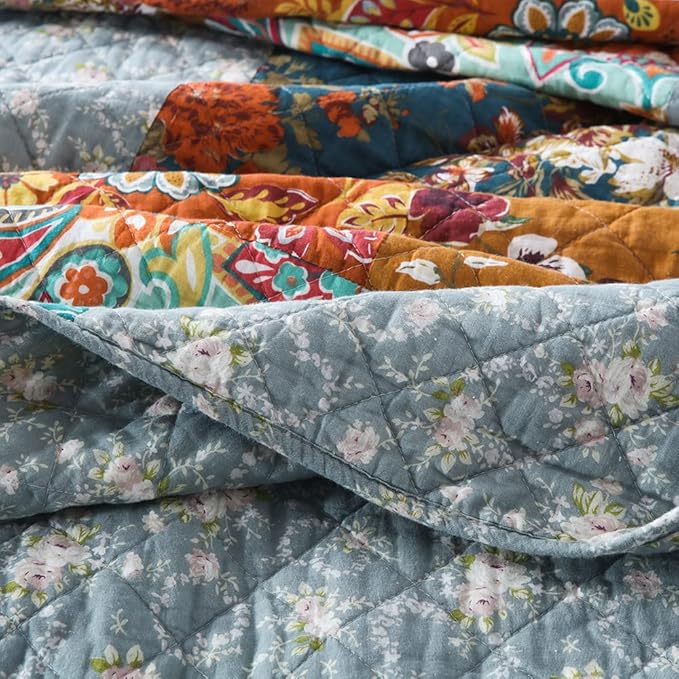 Autumn Dream Cotton Bedspread Quilt Sets Reversible Bedding Coverlet Sets Comforter, Vintage Floral Patchwork Red Blue Bedspread, King Size (Yellow Grey Floral Patchwork, King (96 by108 Inch)) | Breathable material, Reversible, Jacquard stitching, Soft...
