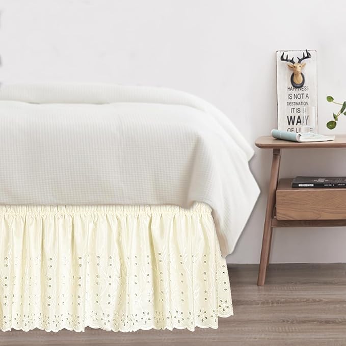 Full Bed Skirt, Wrap-Around Elastic Ruffled Eyelet Bed Skirt Full Size Dust Ruffle with Gathered Styling and Embroidered Details, 18" Drop Length (Light Yellow)