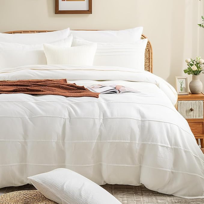 NEXHOME PRO 100% Washed Cotton Duvet Cover Twin Size, Linen Like Pleated White Duvet Cover Set, 2pc Organic Bedding Set with Zipper Closure, Soft, Lightweight and Breathable (68"x90", No Comforter)