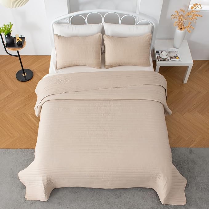 Quilt Set Full Queen Size Taupe | Lightweight Ultra Soft Microfiber Bedspread | 3 Piece Queen Coverlet for All Season | Parker Collection (F/Q, Taupe)