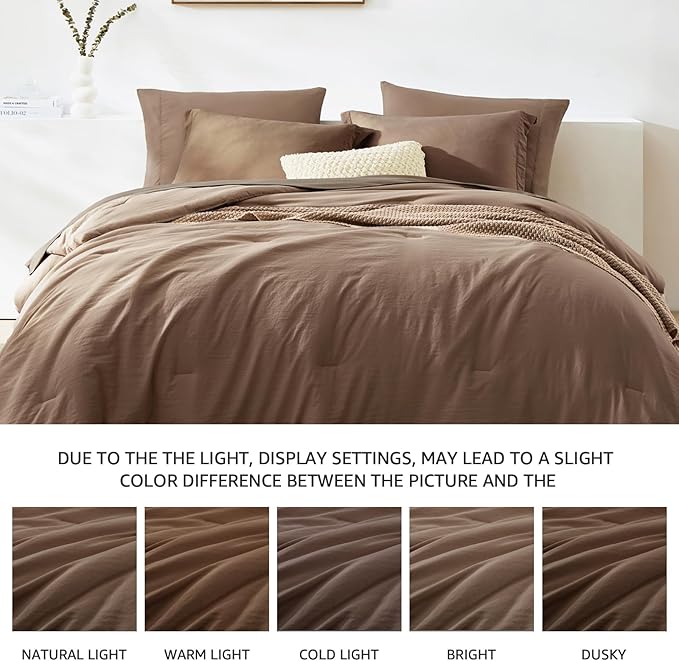 WRENSONGE Queen Size Comforter Sets, 7 Pieces Soft Brown Bed in a Bag with Fitted Sheet, Flat Sheet, 2 Pillow Shams, and 2 Pillowcases- Warm Bedding Sets for All Season
