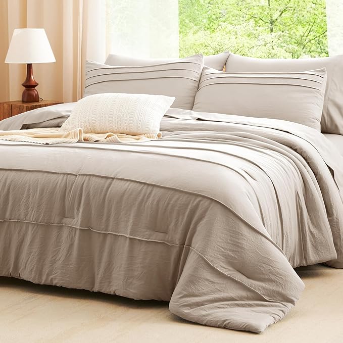 CozyLux Queen Comforter Set Wheat, 7 Pieces Soft Pinch Pleat Bed in a Bag Queen Comforter Set with Sheets, Boho Bed Set with Down Alternative Comforter, Sheets, Pillowcases & Shams