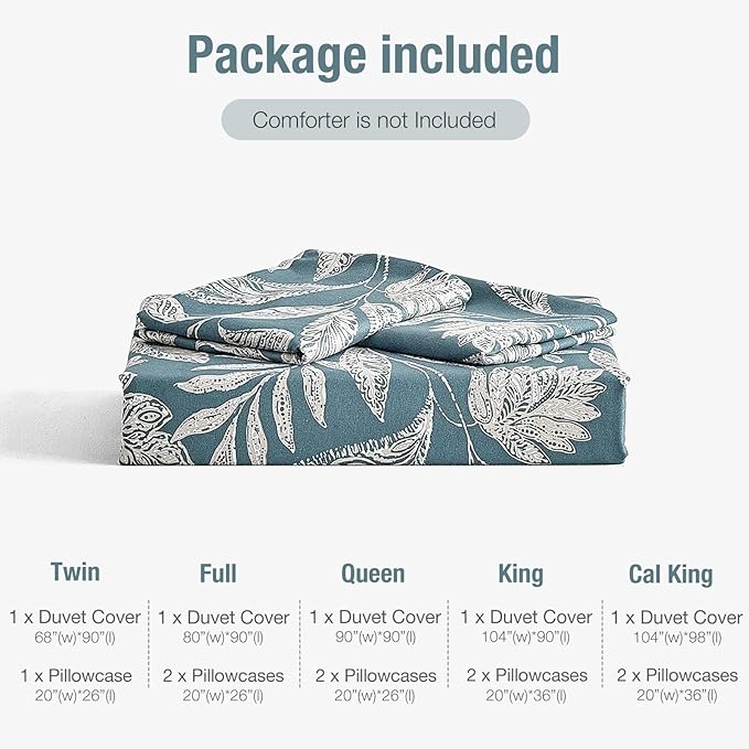 Lekesky Duvet Cover Queen Size, Reversible Teal Blue Floral Comforter Cover Set Queen Size 3pc, Soft 100% Washed Microfiber Breathable Bedding Sets with Zipper Ties and 2 Pillowcases
