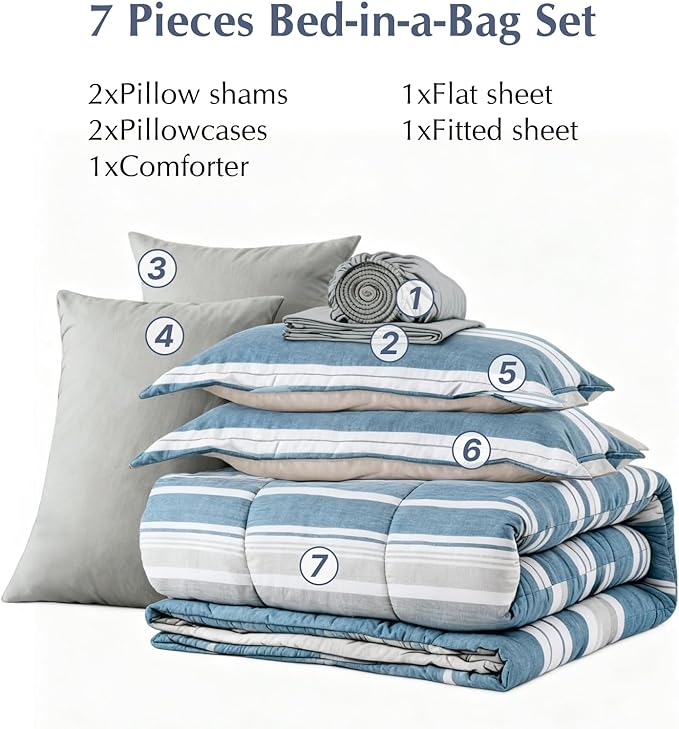 Full Comforter Set Striped, Royal Blue Bedding Set 7 Pieces for Boys Girls Teen, All Season Bed in a Bag for Dorm with Sheets, Pillowcases & Shams