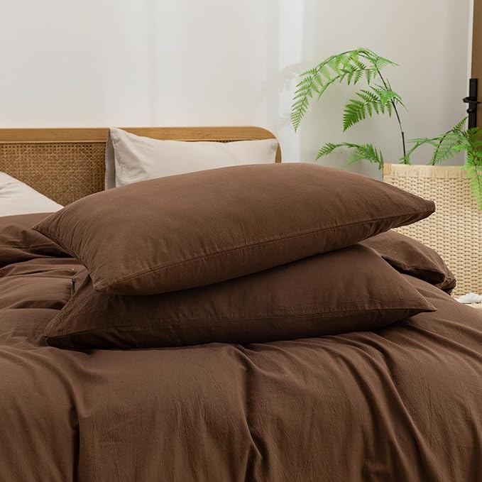 BESTOUCH Duvet Cover Set 100% Washed Cotton Linen Feel Super Soft Comfortable Chic Lightweight 3 PCs Home Bedding Set Solid Cocoa Brown Full/Double