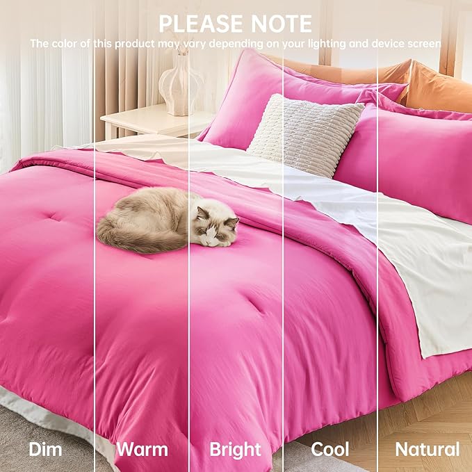 MUXHOMO Queen Comforter Set, All Season Ultra Soft Down Alternative Bedding - 3 Piece Lightweight Bed Set Includes 1 Comforter (90"x90") and 2 Pillow Shams (20"x26"), Hot Pink