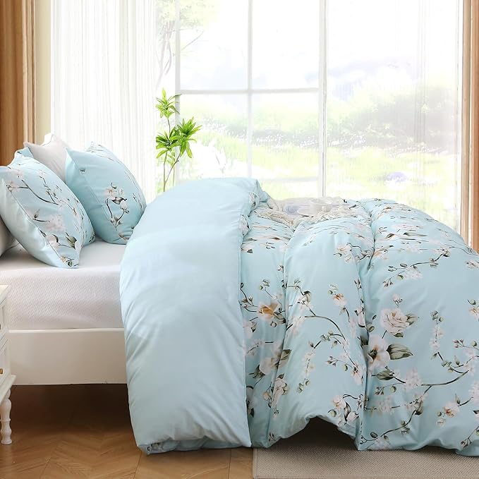 MUXHOMO Duvet Cover Queen Size, Reversible Floral Vintage Duvet Cover Set with Zipper Closure, 3 Pieces Botanical Patterns Soft Microfiber Bedding Set (90"x90", 2 Pillow Cases, Ceiba Blue)