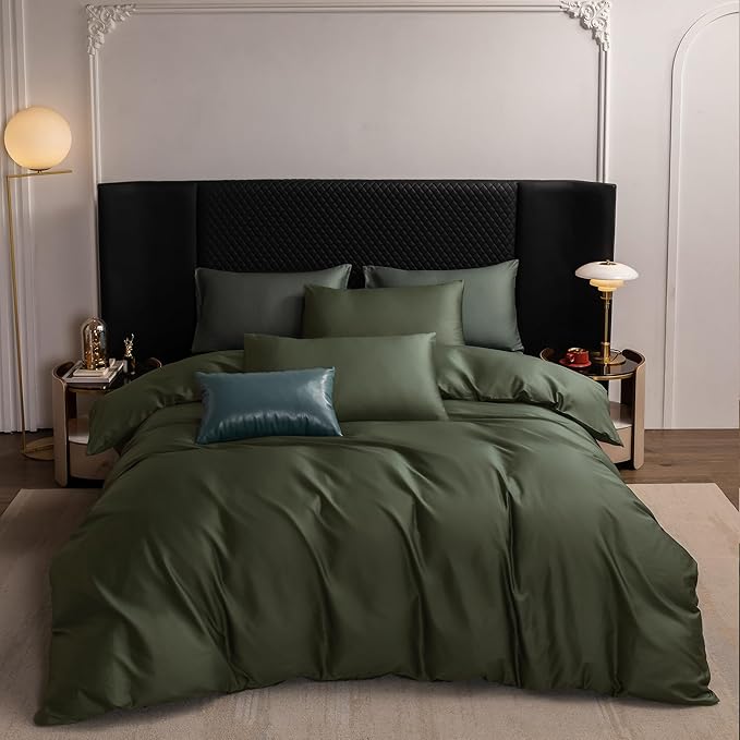 MooMee Duvet Cover Set 100% Extra Long Staple Cotton 600 Thread Count Silky Sateen Smooth Luxury Soft Breathable Durable Hotel Quality Bedding, 3 Pieces (Olive Green, King 104"x90")