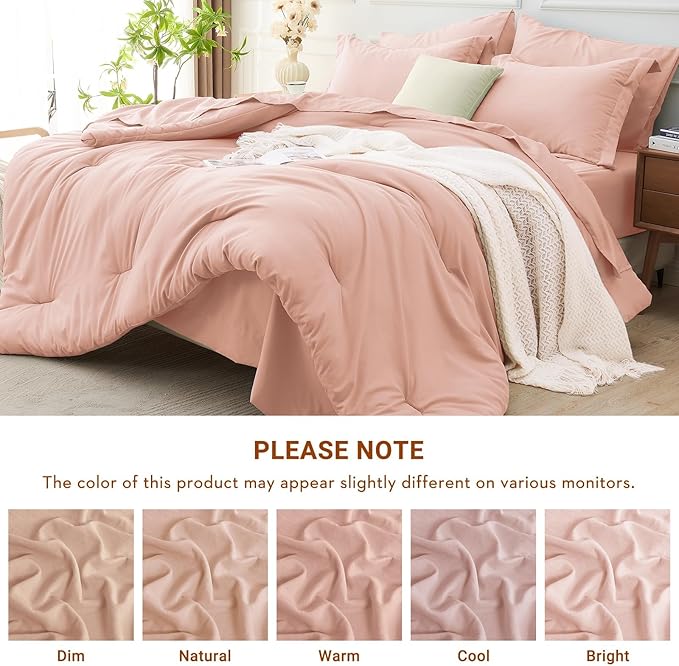 MUXHOMO 7 Pieces California King Comforter Set, Soft Bed in a Bag Cal King Size, All Season Bedding Set with Comforter, Flat Sheet, Fitted Sheet, Pillowcases & Shams, Rose Gold