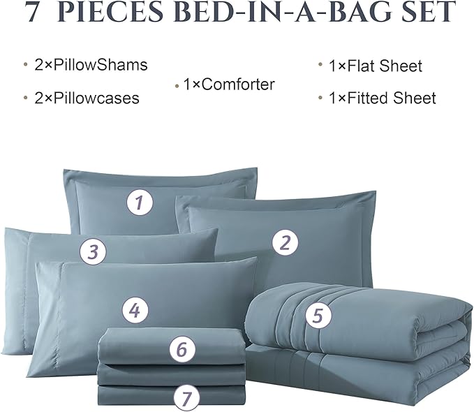 Monbix Full Comforter Set - 7 Pieces Dusty Blue Bed in a Bag Full Size Bedding Sets with Comforters, All Seasons Comforter with Sheets, Pillowcases & Shams