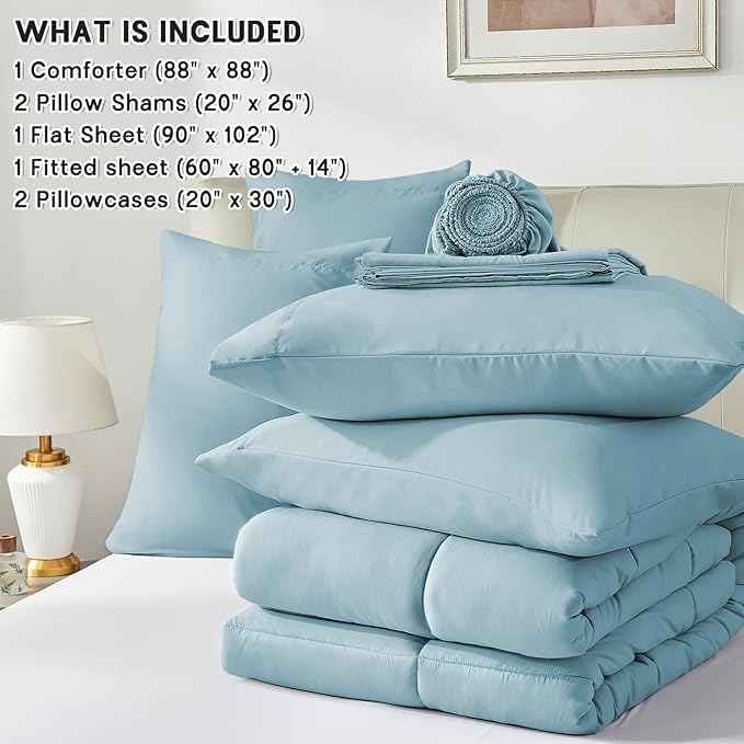 Anluoer Queen Comforter Set 7 Piece, Light Blue Bed in a Bag with Sheets, Comforters Queen Size Bedding Sets with 1 Comforter, 2 Pillow Shams, 2 Pillowcases, 1 Flat Sheet,1 Fitted Sheet