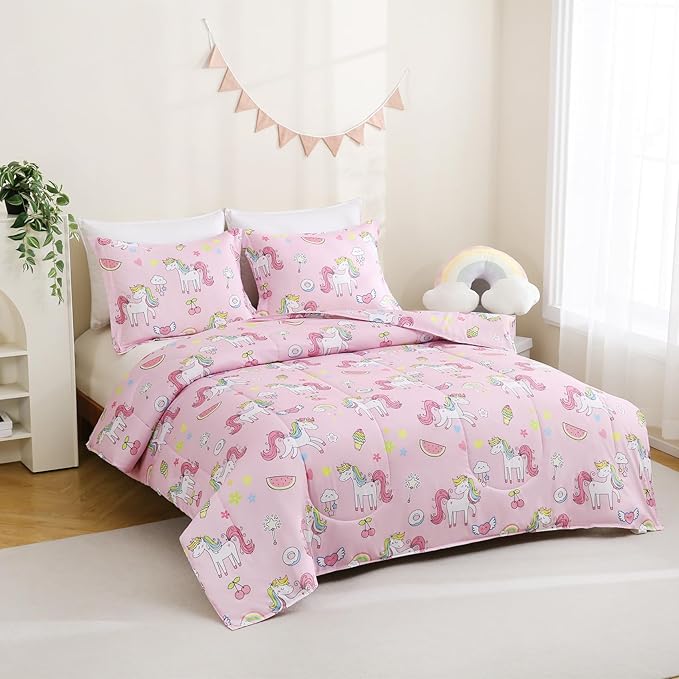 Yibeizi Pink Unicorn Comforter Set for Girls Full Size, Kids Rainbow Sweet Printed Bedding Set with Pillow Sham, Cute Lightweight Soft Breathable Machine Washable Quilted Bed Comforter Set 3 Piece