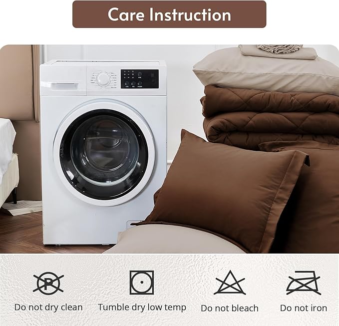 MUXHOMO 7 Pieces California King Comforter Set, Reversible Bed in a Bag Cal King Size, All Season Bedding Set with Comforter, Flat Sheet, Fitted Sheet, Pillowcases & Shams, Brown & Khaki