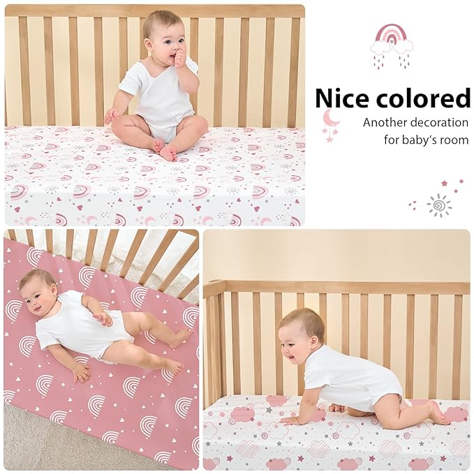 Baby Mini Crib Sheets Girl, Portable 38”x26” Pack and Play Sheets Fitted for Playard and Pack N Play Mattress, 3-Pack Soft Microfiber Pink Rainbow