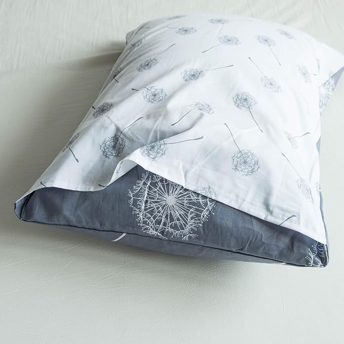YuHeGuoJi Dandelion Flower Duvet Cover King 100% Cotton 3 Pcs Set 1 Countryside White Grey Floral Duvet Cover with Zipper Ties 2 Pillowcases Farmhouse Reversible Botanical Bedding Set Soft