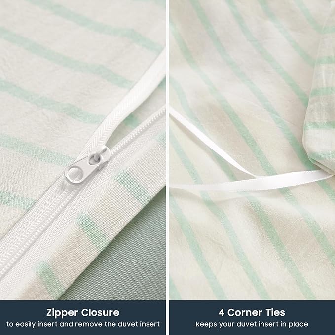 Wake In Cloud - Striped Cotton Duvet Cover Set, Ticking Stripe Vertical Pinstripe Farmhouse, 100% Washed Cotton Textured Percale Bedding Set, 3 Pieces, Aqua White, Twin Size