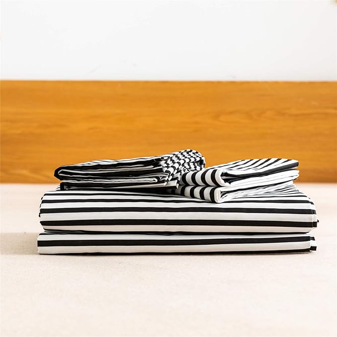 JELLYMONI 100% Natural Cotton 3pcs Striped Duvet Cover Sets,White Duvet Cover with Black Stripes Pattern Printed Comforter Cover,with Zipper Closure & Corner Ties(King Size)
