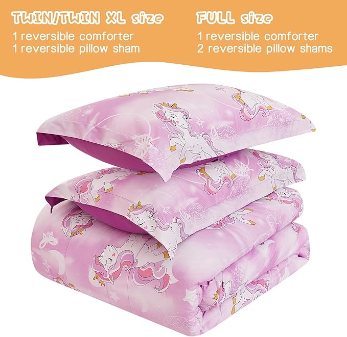 Yibeizi Unicorn Kids Comforter Set for Girls Full Size, Cute Quilted Lavender Printed Bedding Set with Pillow Sham, Lightweight Soft Breathable Machine Washable Bed Set 3 Piece